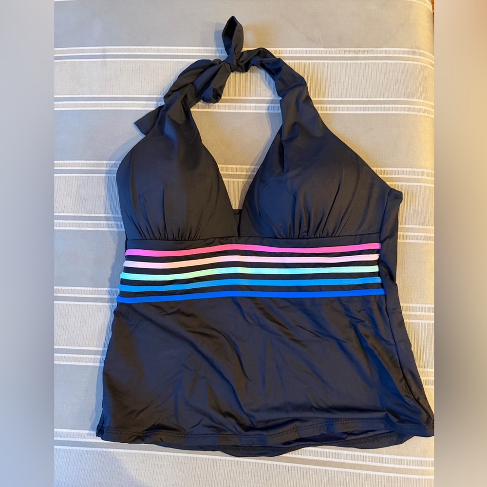 La Blanca Black Halter Tankini Top with Colorful Stripes